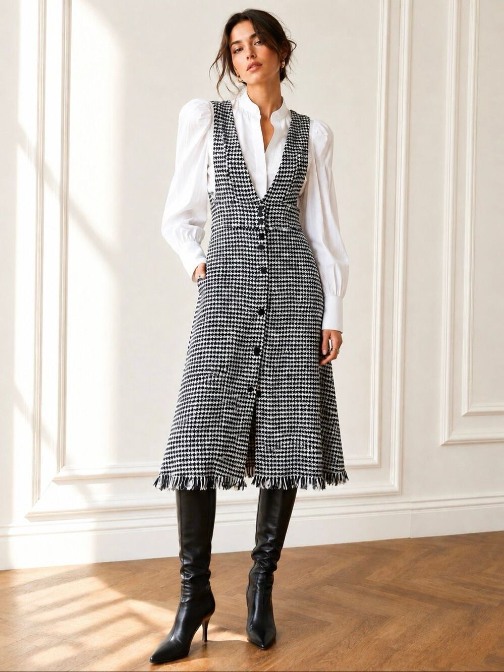 Zara Tweed Midi Pinafore Dress Fringe Hem Sz S Pockets Academia Preppy Autumn